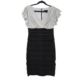Chaya Sheath Dress Womens 6 Silver Black Stretchy Layered Bodycon Cocktail Event